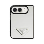 Luxury Textured Prada Leather Case with White Metal Logo for iPhone Duo
