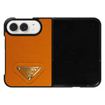 Luxury Textured Prada Leather Case with Orange Metal Logo for iPhone Duo