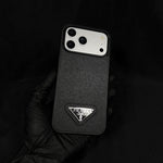 Premium Saffiano Leather Case with Metallic Badge for iPhone 12-17 Series