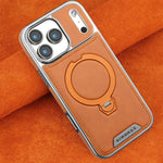 Magnetic Bracket Attraction Cowhide Leather Plating Phone Cover For iPhone 17/ 16/ 15/ 14