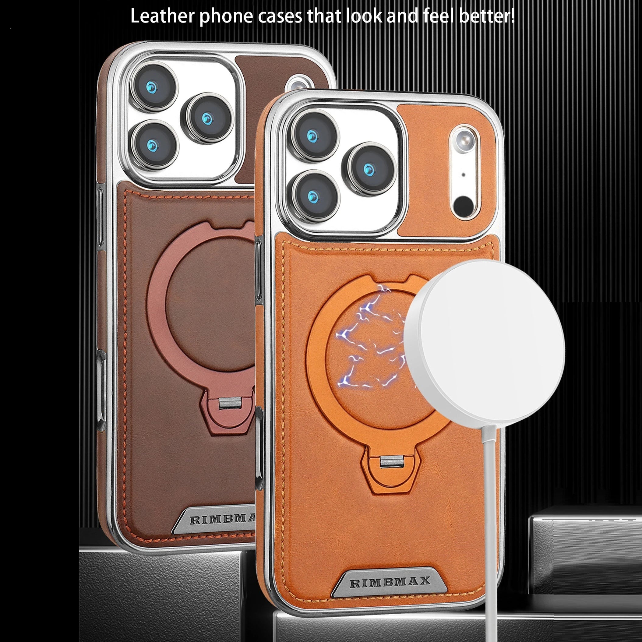 Magnetic Bracket Attraction Cowhide Leather Plating Phone Cover For iPhone 17/ 16/ 15/ 14
