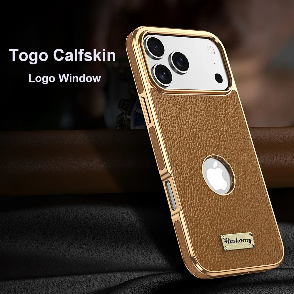 Luxury Togo Calfskin Genuine Leather Case view Window Of Apple logo Phone Cover For iPhone 17/ 16/ 15/ 14