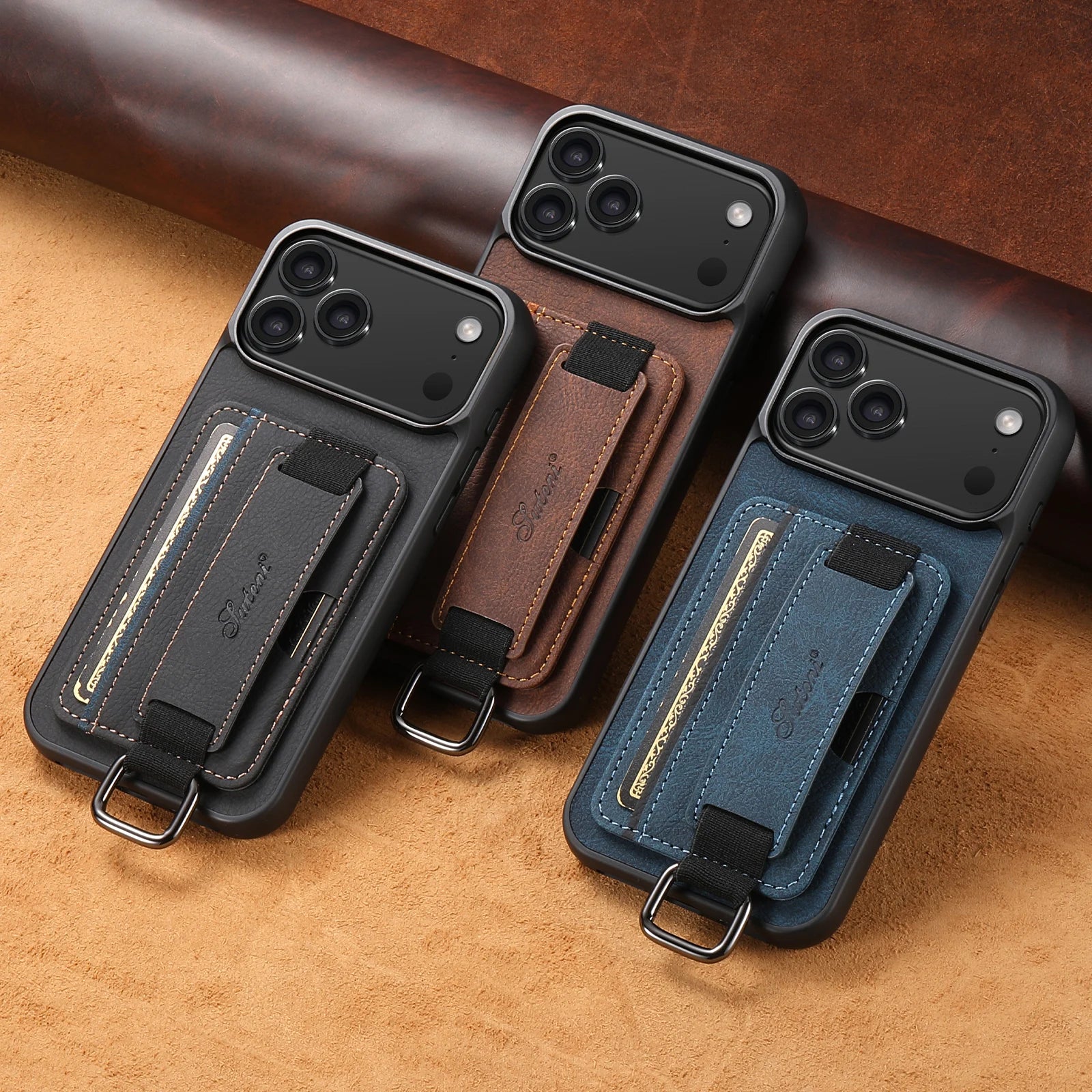 Leather Case Wrist Strap Ring Buckle Card Holder Bag Stand For iPhone 17/ 16/ 15/ 14