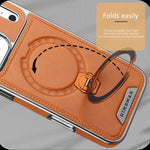 Magnetic Bracket Attraction Cowhide Leather Plating Phone Cover For iPhone 17/ 16/ 15/ 14