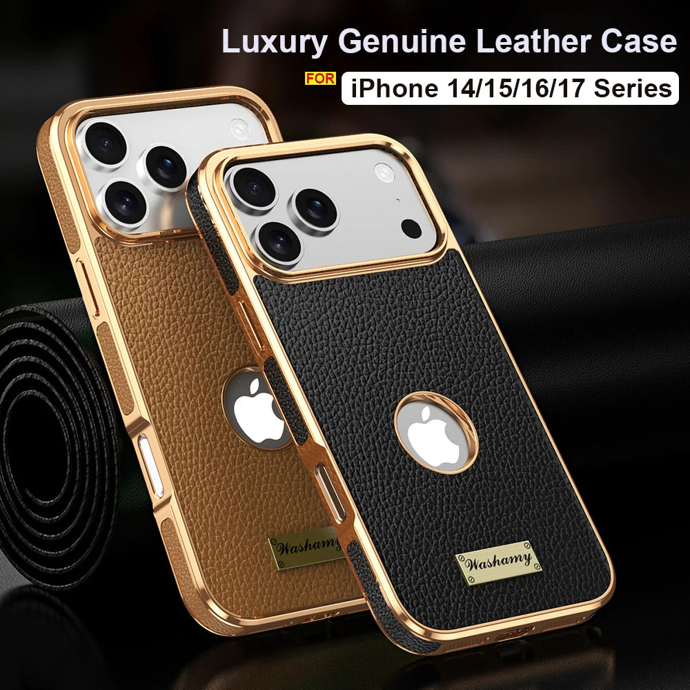 Luxury Togo Calfskin Genuine Leather Case view Window Of Apple logo Phone Cover For iPhone 17/ 16/ 15/ 14