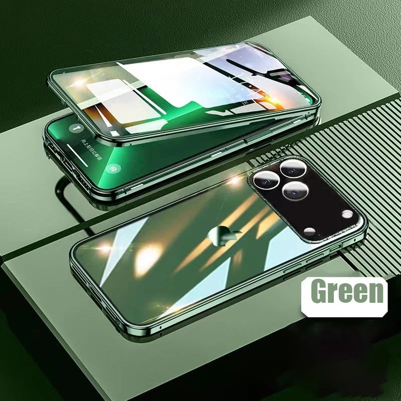 360 ° Full Protection Metal Magnetic Double-Sided Glass Snap Lock Phone Case For iPhone 17 / 16 / 15 / 14
