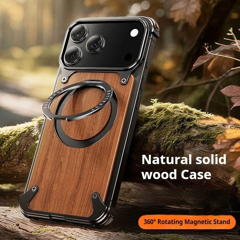 Natural Wooden Frameless Case With Magsafe 360°Rotation Magnetic For iPhone 17 / 16 / 15 / 14