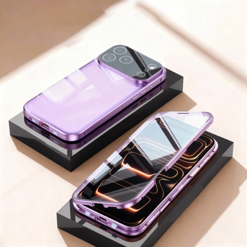 360 ° Full Protection Metal Magnetic Double-Sided Glass Snap Lock Phone Case For iPhone 17 / 16 / 15 / 14
