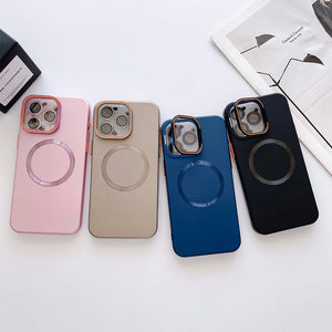 Matte camera frame holder magsafe charging phone case for iPhone 16/ 15/ 14 lens film shockproof magnetic hard back cover