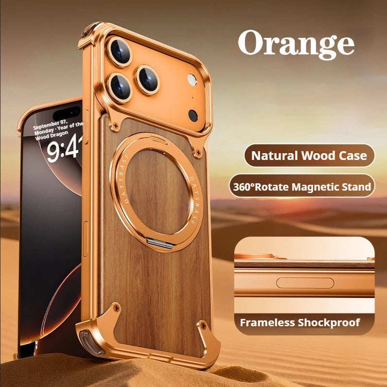 Natural Wooden Frameless Case With Magsafe 360°Rotation Magnetic For iPhone 17 / 16 / 15 / 14
