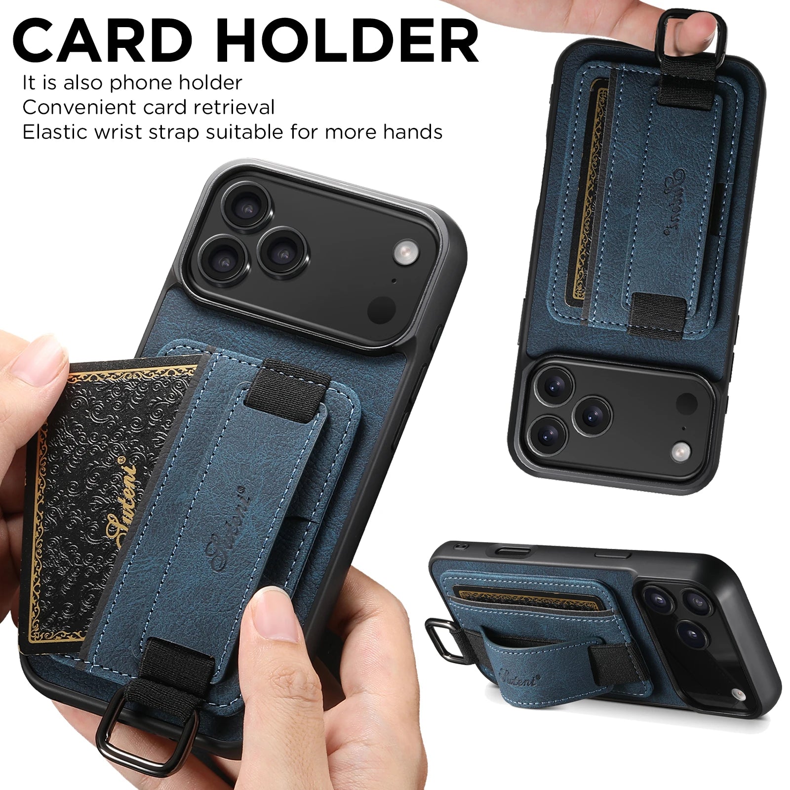 Leather Case Wrist Strap Ring Buckle Card Holder Bag Stand For iPhone 17/ 16/ 15/ 14