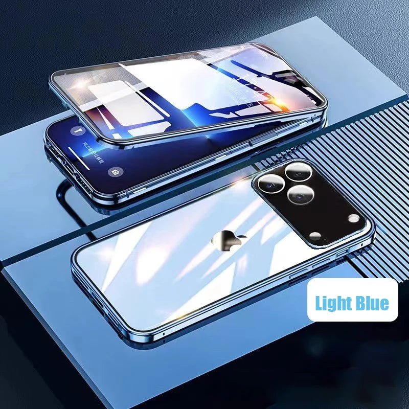 360 ° Full Protection Metal Magnetic Double-Sided Glass Snap Lock Phone Case For iPhone 17 / 16 / 15 / 14