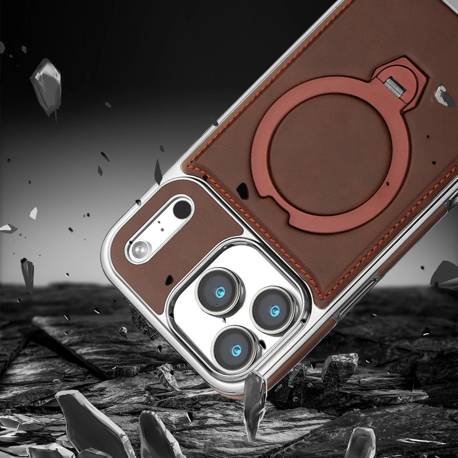 Magnetic Bracket Attraction Cowhide Leather Plating Phone Cover For iPhone 17/ 16/ 15/ 14