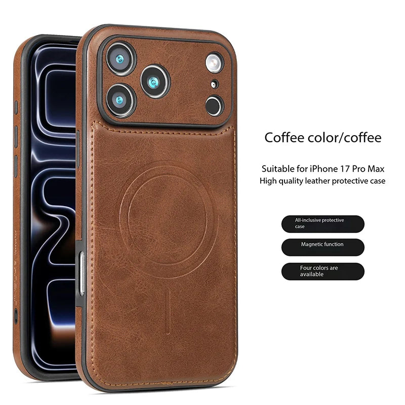 Luxury Strong Magnetic Leather Wireless Shockproof MagSafe Cover Phone Case For iPhone 17 / 16 / 15 / 14