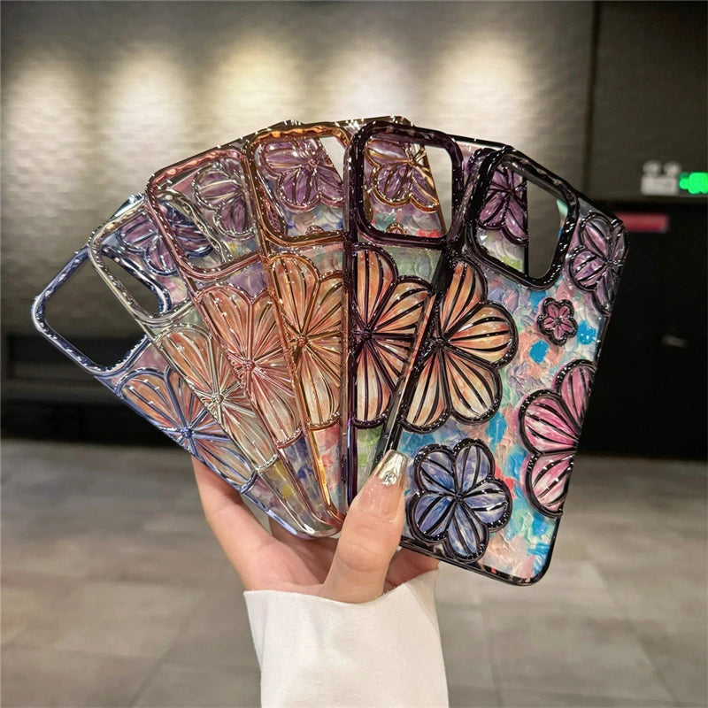 Luxury Plating Colour Fashion Flowers Phone Case For iPhone 15 Series