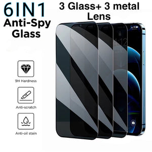 6in1 3Pcs Privacy Anti-blue Ray Screen Protector  +3 Metal Camera Lens For iPhone 16 15 14 13