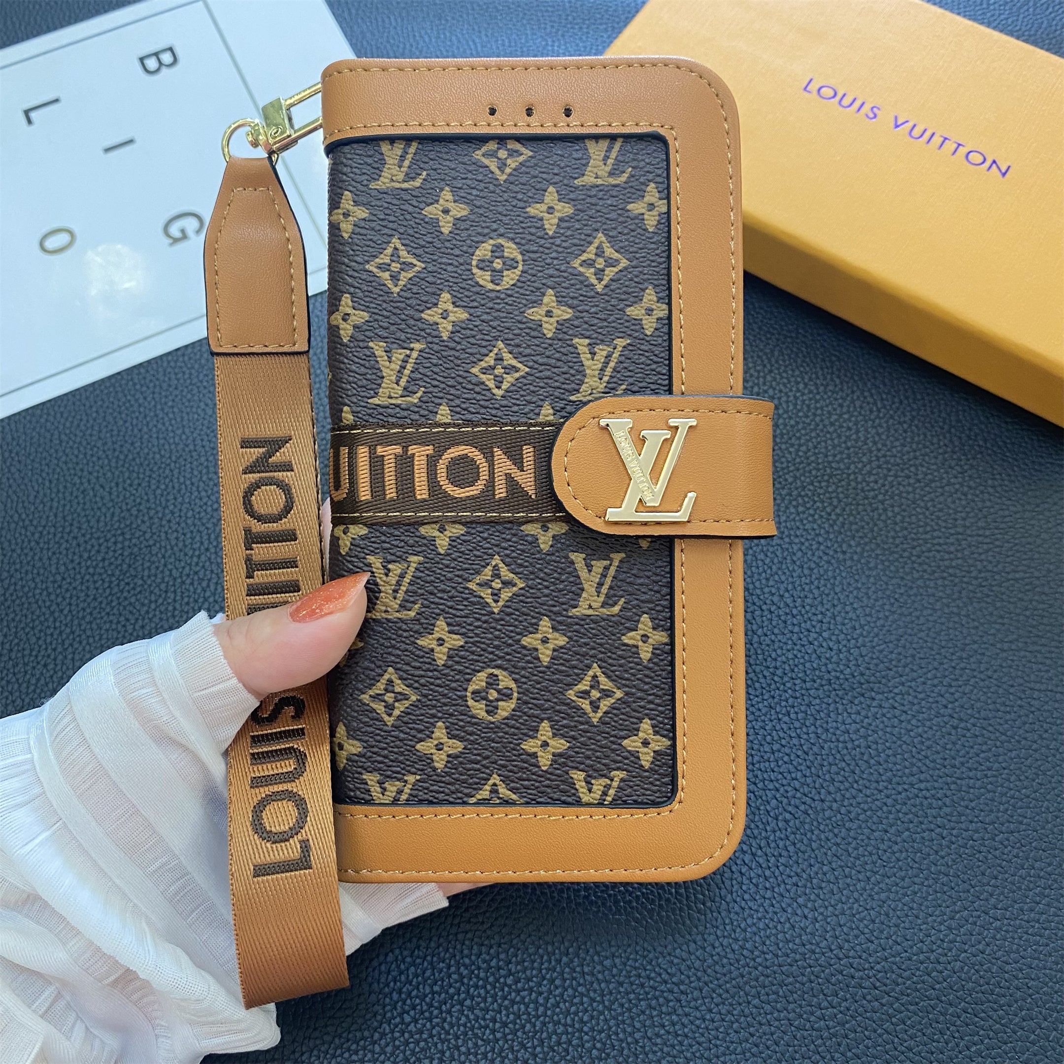 Premium Genuine Leather LV Monogram Canvas Wallet Card Holder Case Samsung Galaxy