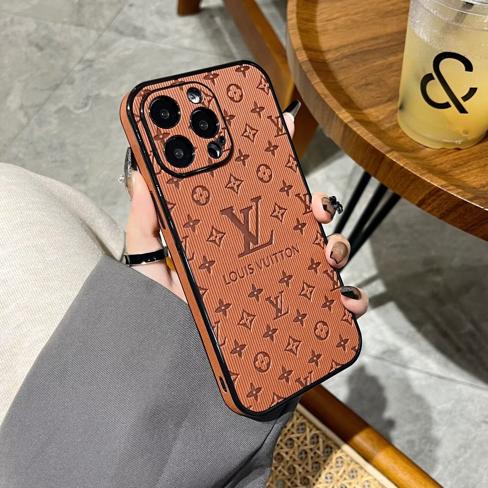 3D LV Monogram Embossed Leather  Case for ipHone 15 series