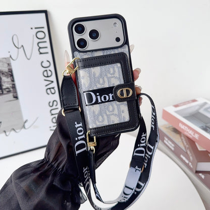 Dior Leather Phone Case With Card Wallet And Strap For iPhone 17 / 16 / 15 / 14