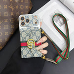 Luxury GG Supreme Monogram Wallet iPhone Case with Crossbody Lanyard Strap