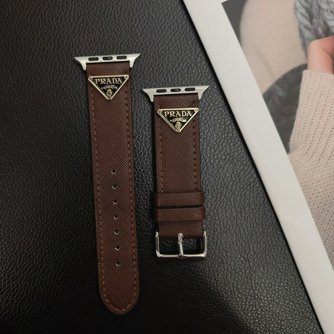 Prada Classic Double Triangle Monogram Label Leather Apple Watch Band