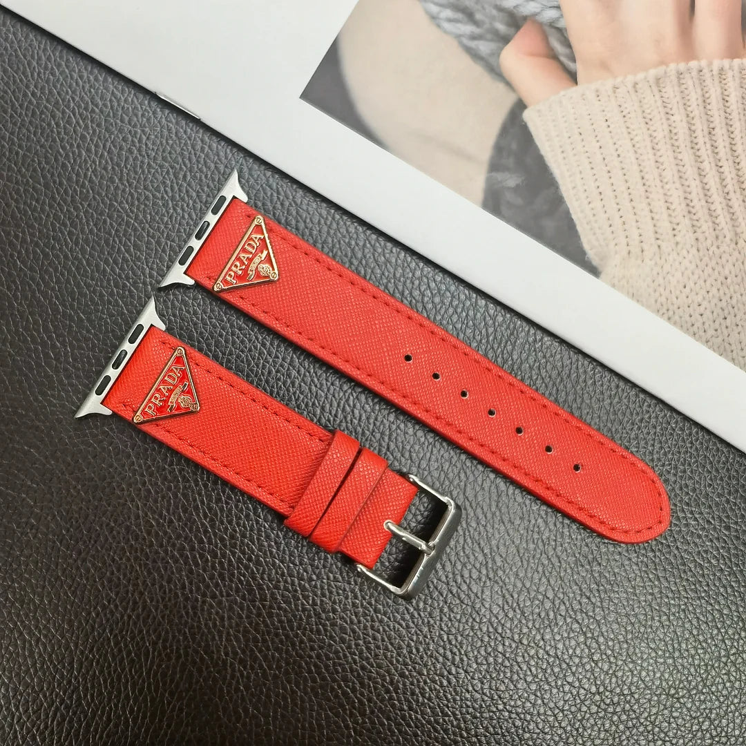 Prada Classic Double Triangle Monogram Label Leather Apple Watch Band