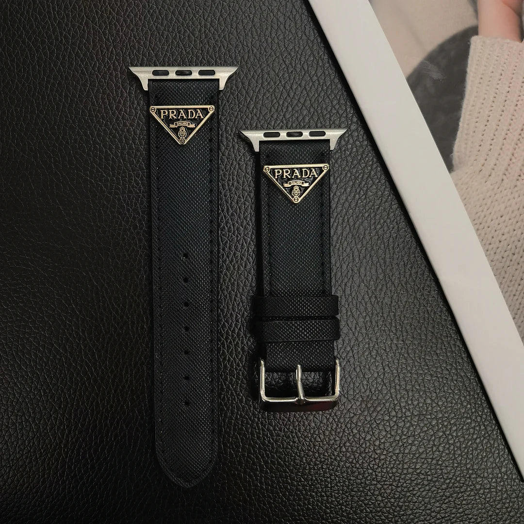 Prada Classic Double Triangle Monogram Label Leather Apple Watch Band