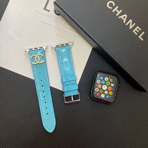 Chanel Glossy Leather Apple Watch Strap Luxury Metal Logo