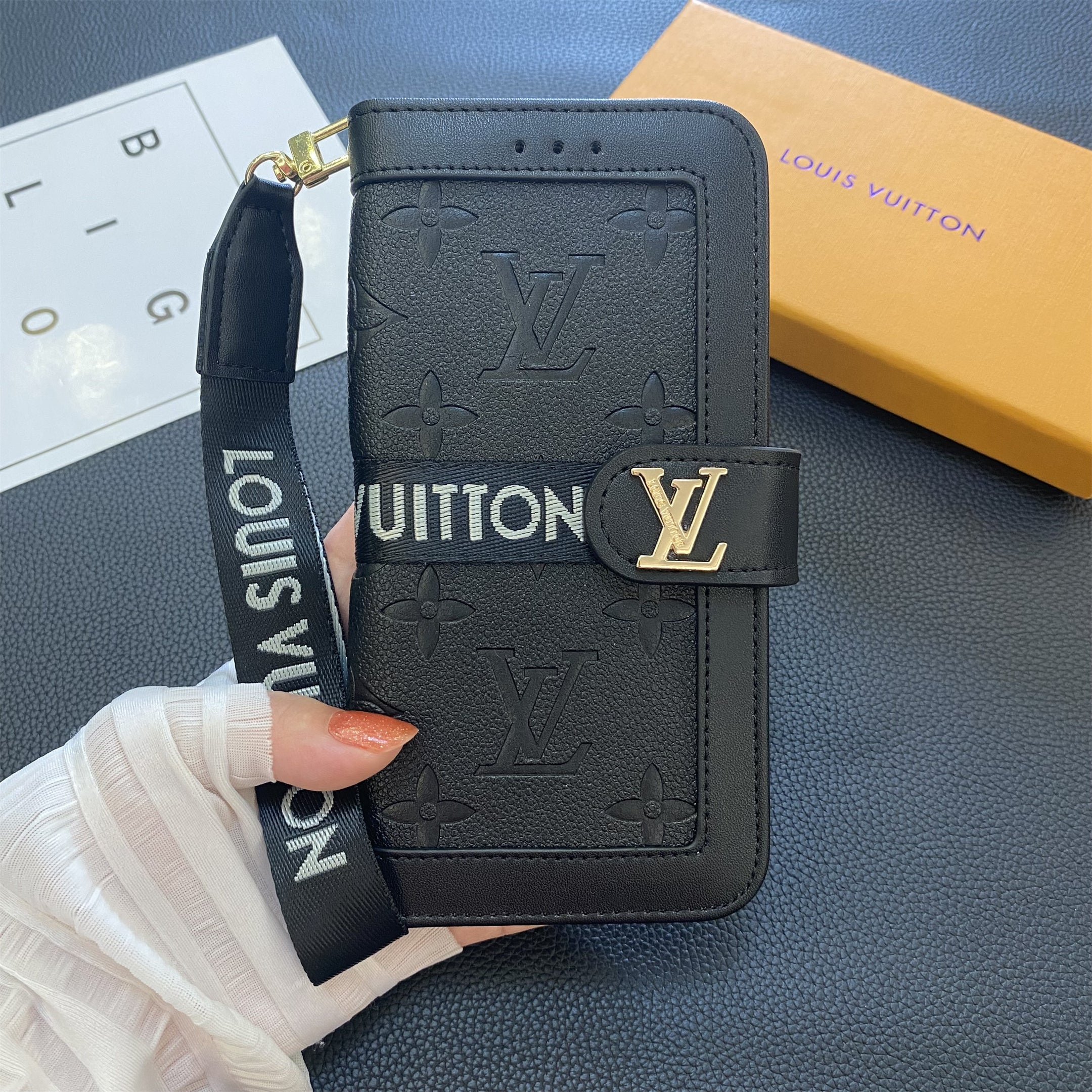 Premium Genuine Leather LV Monogram Canvas Wallet Card Holder Case Samsung Galaxy