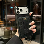 Luxury Pebbled Leather iPhone Case with Wallet Pocket Hand Strap