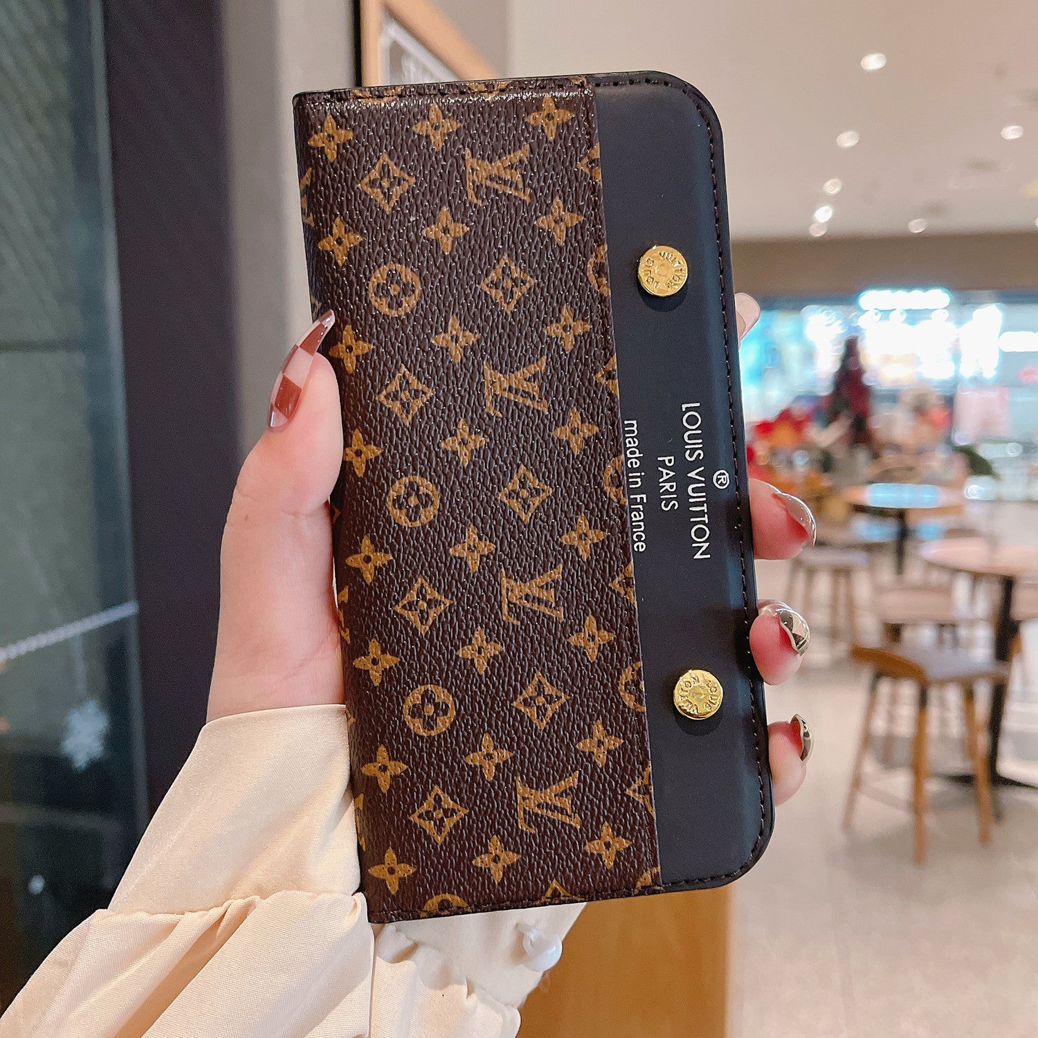 LV Flip Monogram Canvas Rivet Leather Case Apple Card Holder iPhone Case