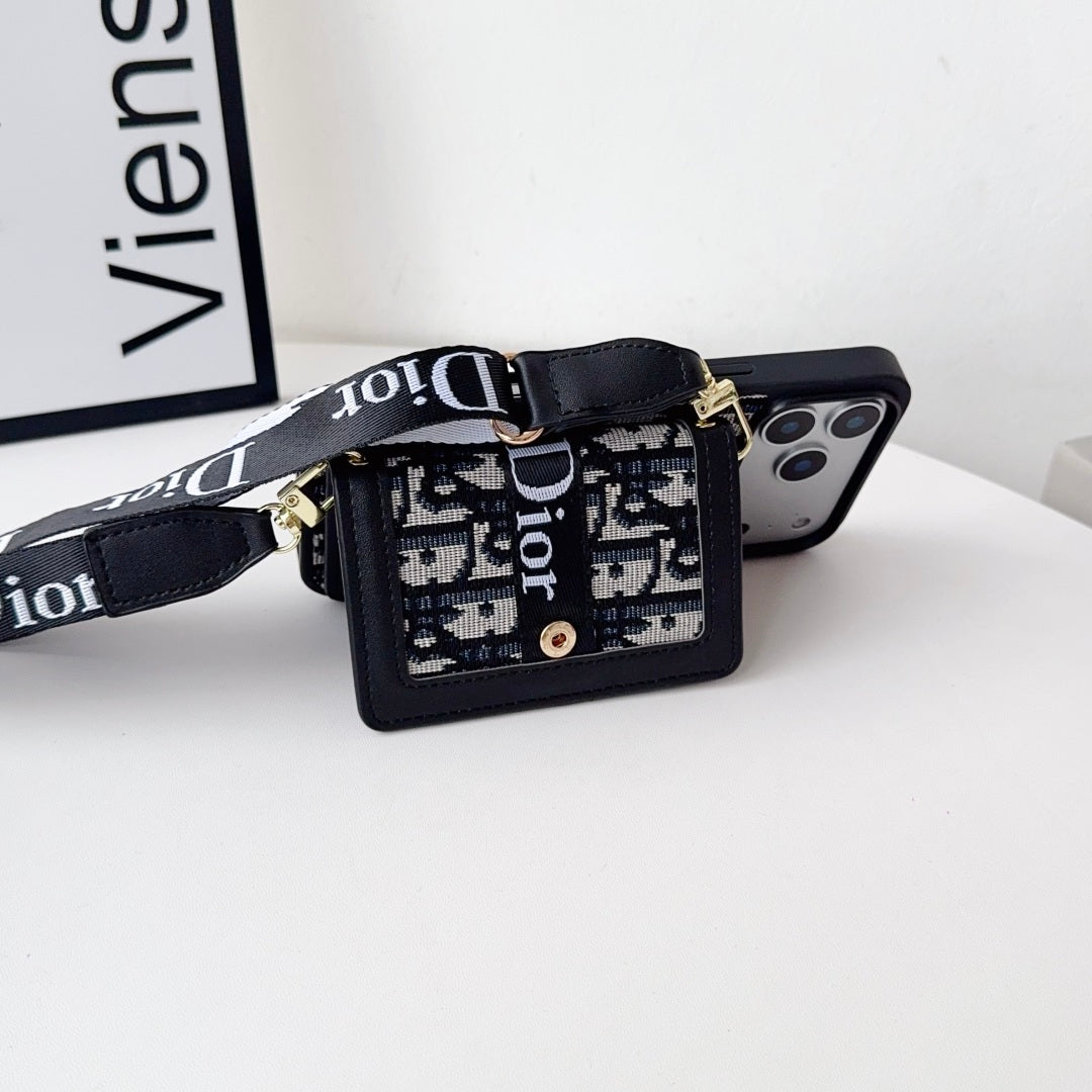 Dior Leather Phone Case With Card Wallet And Strap For iPhone 17 / 16 / 15 / 14