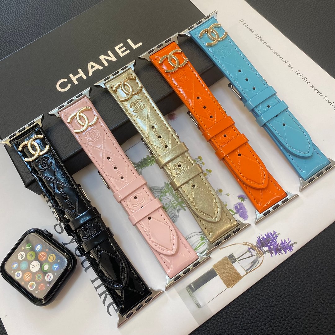 Chanel Glossy Leather Apple Watch Strap Luxury Metal Logo