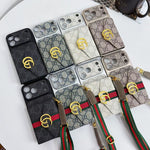 Luxury GG Supreme Monogram Wallet iPhone Case with Crossbody Lanyard Strap