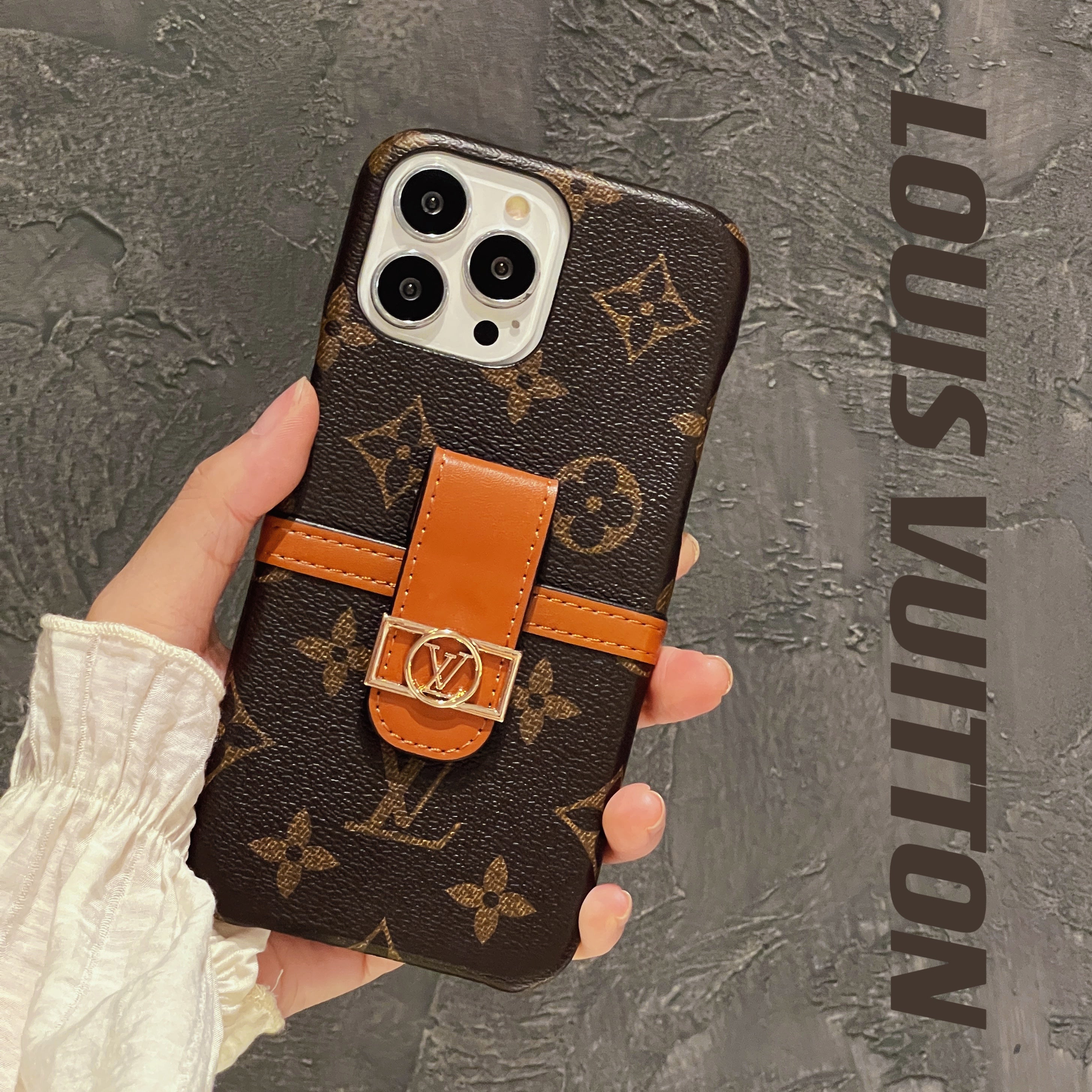 LV Canvas Leather Monogram Security Button For iPhone