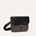 Luxury Goyardine canvas messenger bag in black with black leather flap