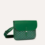 Luxury Goyardine canvas messenger bag in green with green leather flap