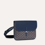 Luxury Goyardine canvas messenger bag in navy blue with blue leather flap