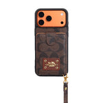 Luxury Monogram Card Holder Phone Case with Strap for iPhone 12-17 Series