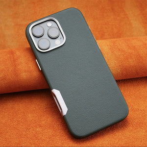 Luxury Plain Leather MagSafe Magnetic Metal Hollow Button Shockproof Cover Case For iPhone