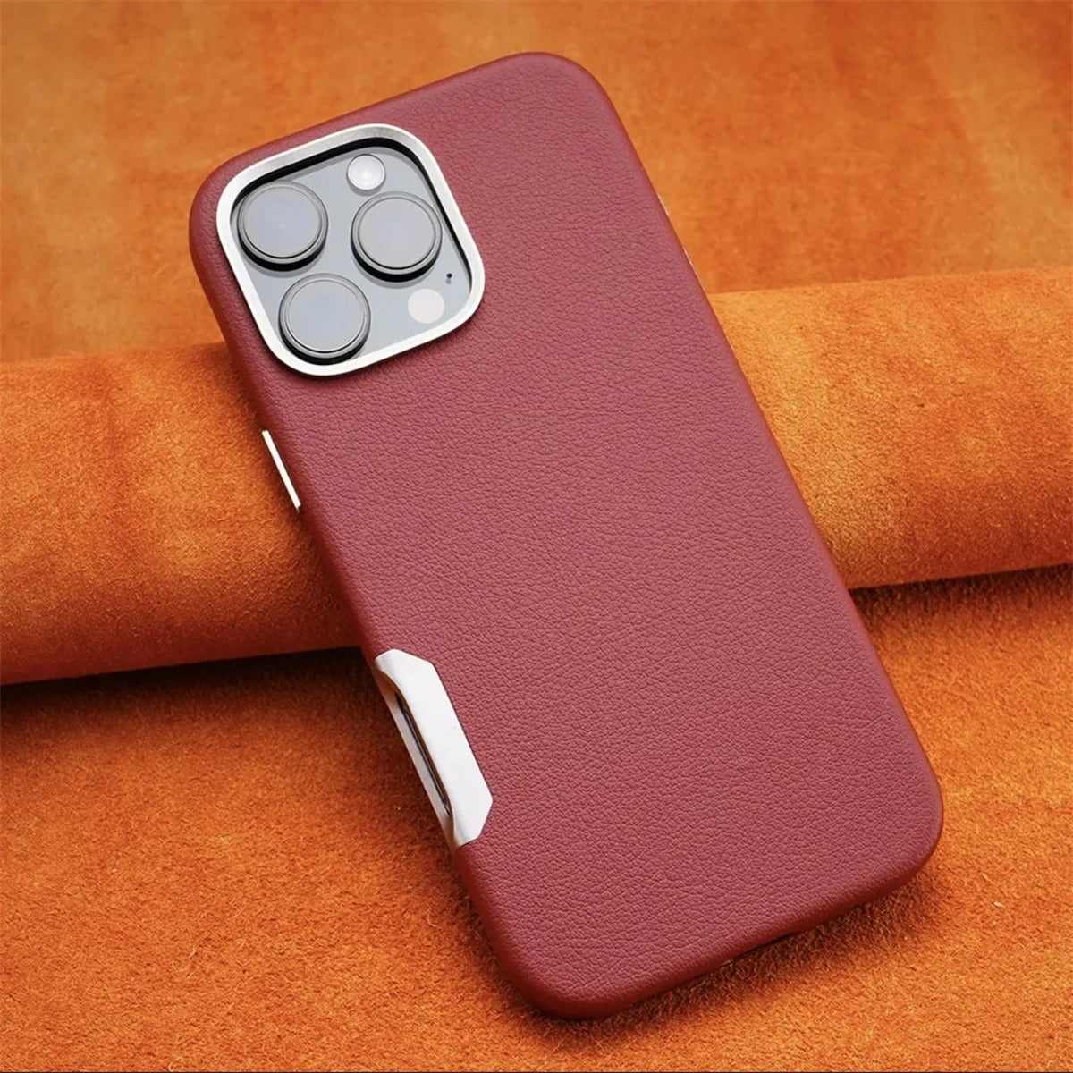 Luxury Plain Leather MagSafe Magnetic Metal Hollow Button Shockproof Cover Case For iPhone