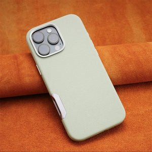 Luxury Plain Leather MagSafe Magnetic Metal Hollow Button Shockproof Cover Case For iPhone