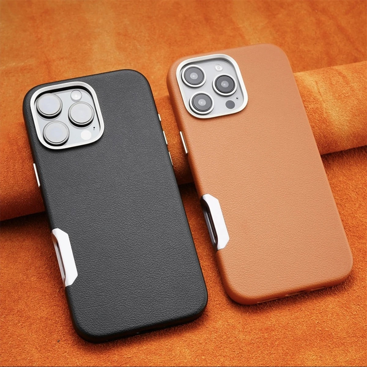 Luxury Plain Leather MagSafe Magnetic Metal Hollow Button Shockproof Cover Case For iPhone