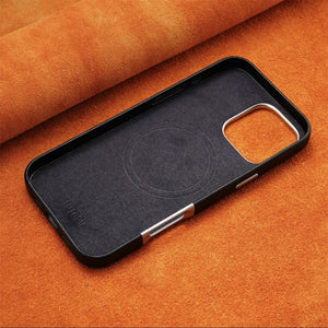 Luxury Plain Leather MagSafe Magnetic Metal Hollow Button Shockproof Cover Case For iPhone