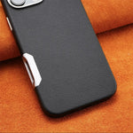 Luxury Plain Leather MagSafe Magnetic Metal Hollow Button Shockproof Cover Case For iPhone