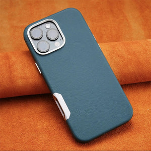 Luxury Plain Leather MagSafe Magnetic Metal Hollow Button Shockproof Cover Case For iPhone