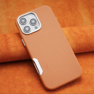 Luxury Plain Leather MagSafe Magnetic Metal Hollow Button Shockproof Cover Case For iPhone