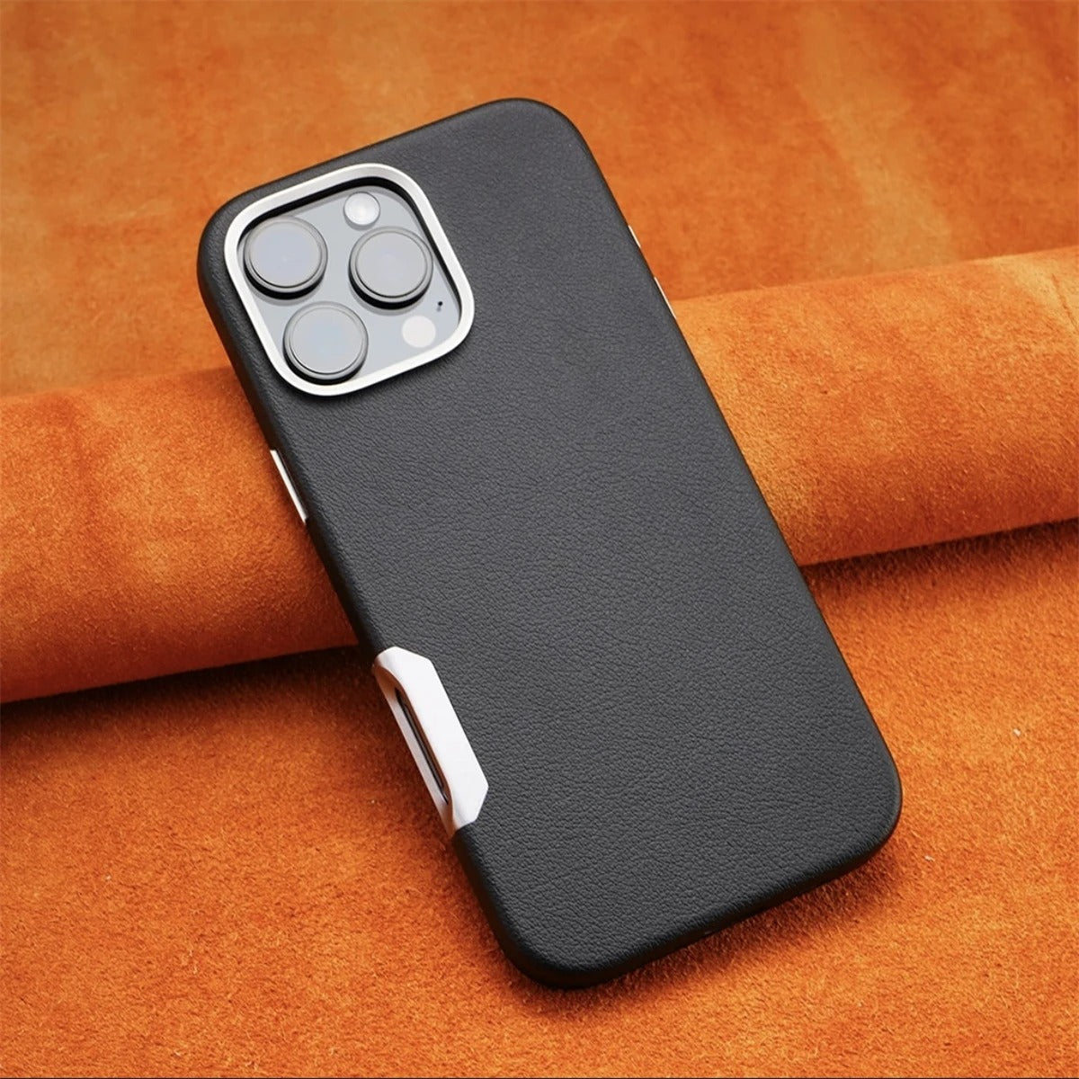 Luxury Plain Leather MagSafe Magnetic Metal Hollow Button Shockproof Cover Case For iPhone