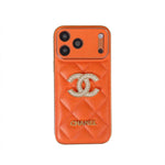 Leather Brand Phone Case Diamond Logo with Gold Label For iPhone 17/ 16 /15 / 14