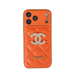 Chanel Quilted Leather Case with Rhinestone CC Logo for iPhone 12-18 Pro & Pro Max